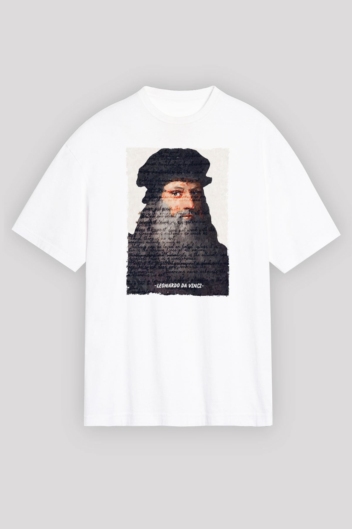 Leonardo Da Vinci Yazılı Portre Baskılı Unisex Oversize Beyaz Tişört - Tshirt