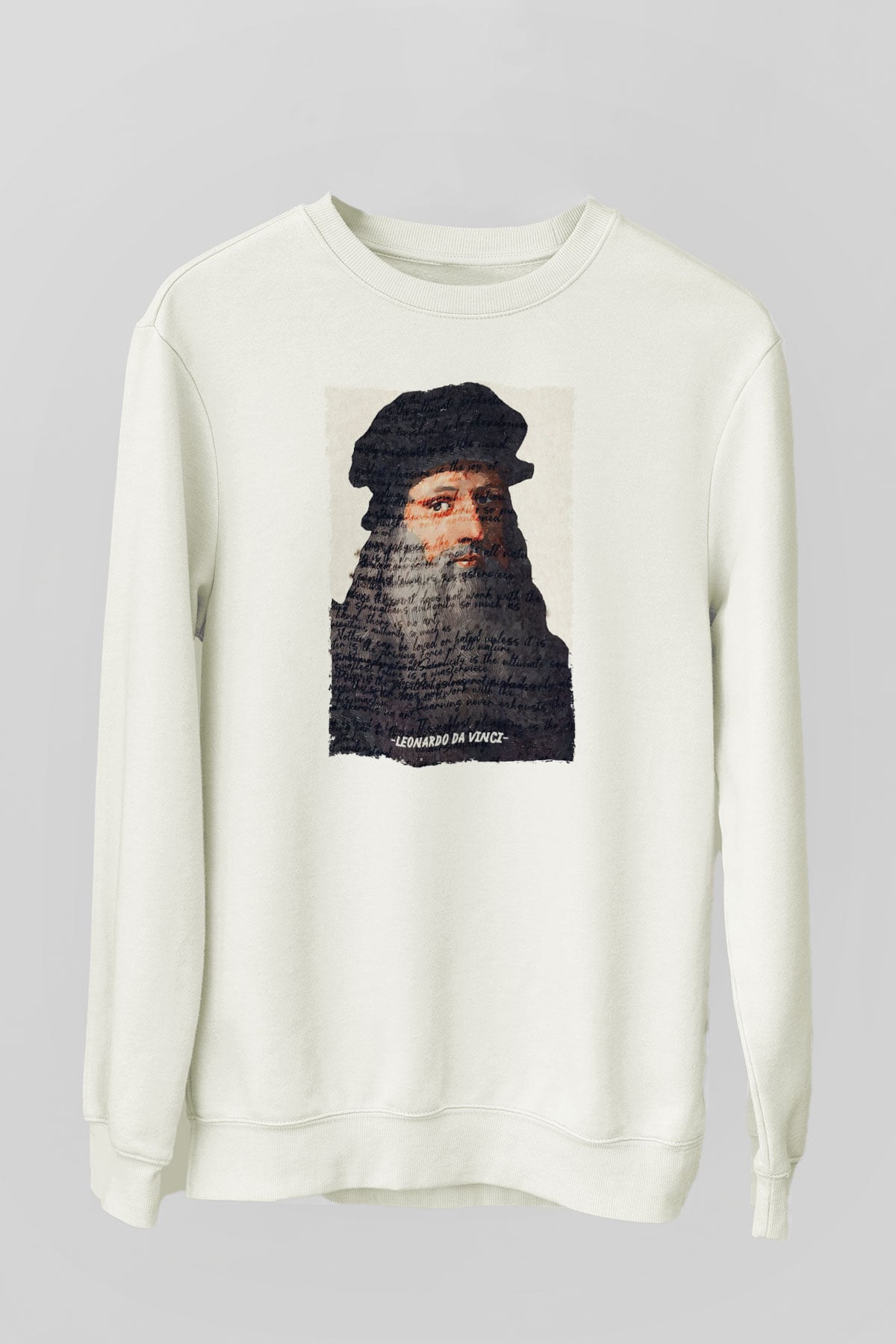 Leonardo Da Vinci Yazılı Portre Baskılı Unisex Ekru Sweatshirt