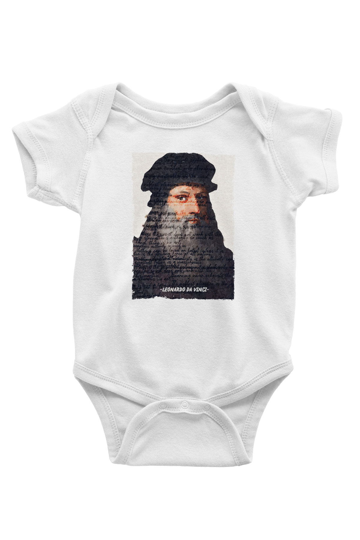 Leonardo Da Vinci Yazılı Portre Baskılı Beyaz Bebek Body - Zıbın