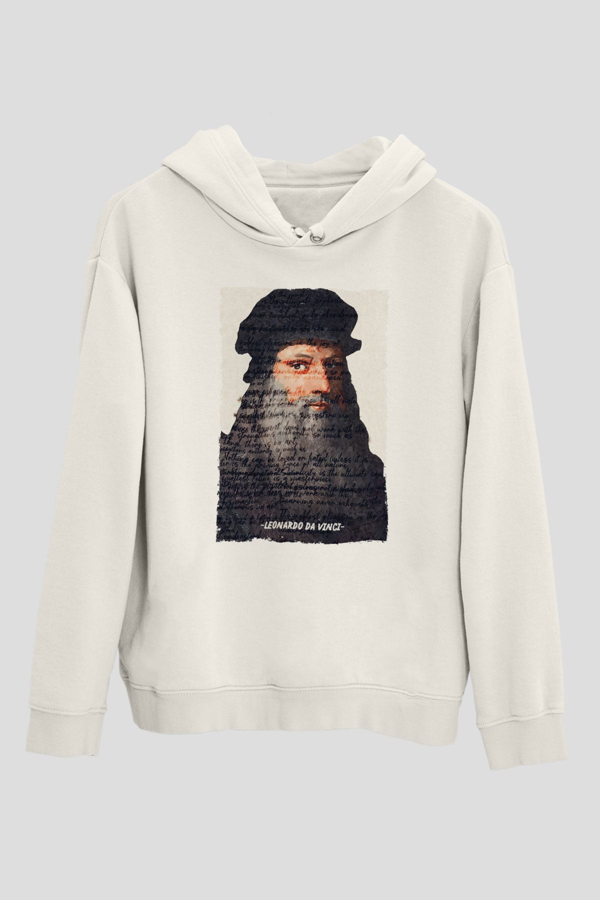 Leonardo Da Vinci Yazılı Portre Baskılı Unisex Ekru Hoodie