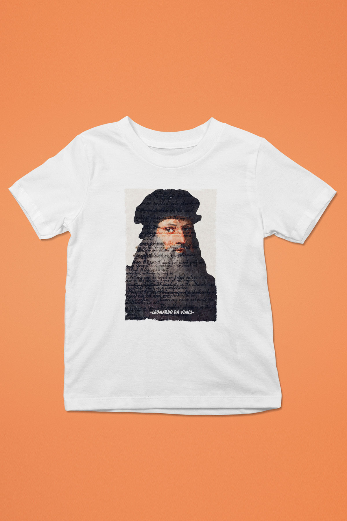 Leonardo Da Vinci Yazılı Portre Baskılı Unisex Beyaz Çocuk Tişörtü - Tshirt
