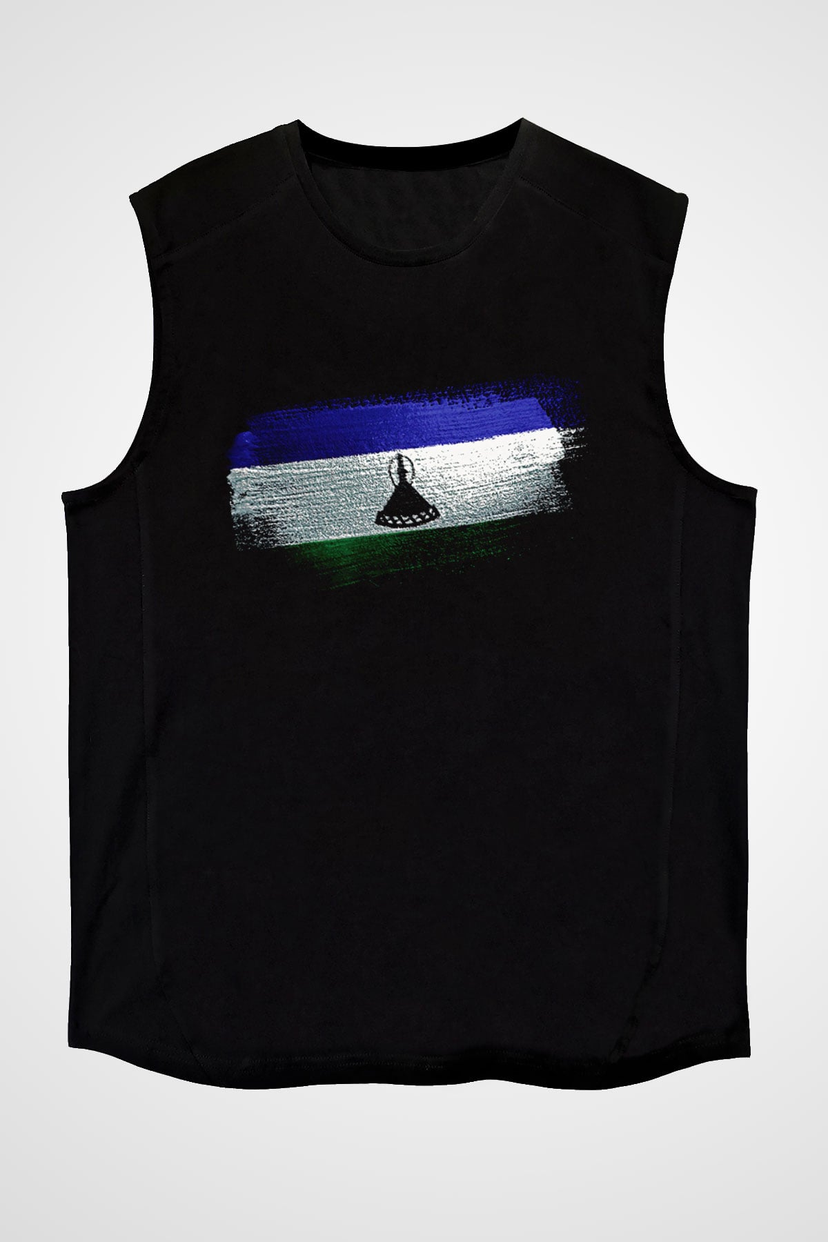 Lesotho Bayrağı Baskılı Unisex Siyah Kolsuz Tişört