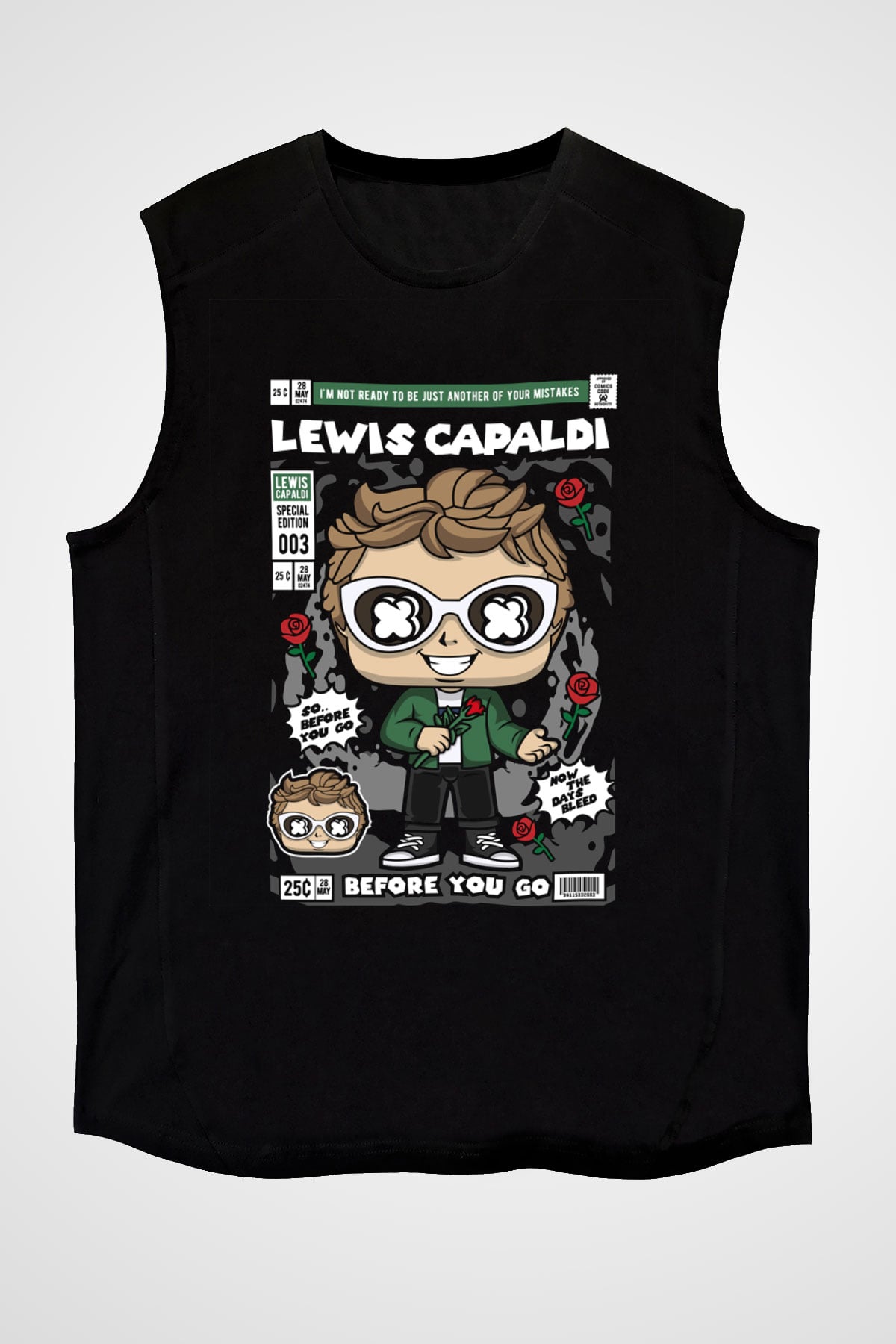 Lewis Capaldi Baskılı Unisex Siyah Kolsuz Tişört