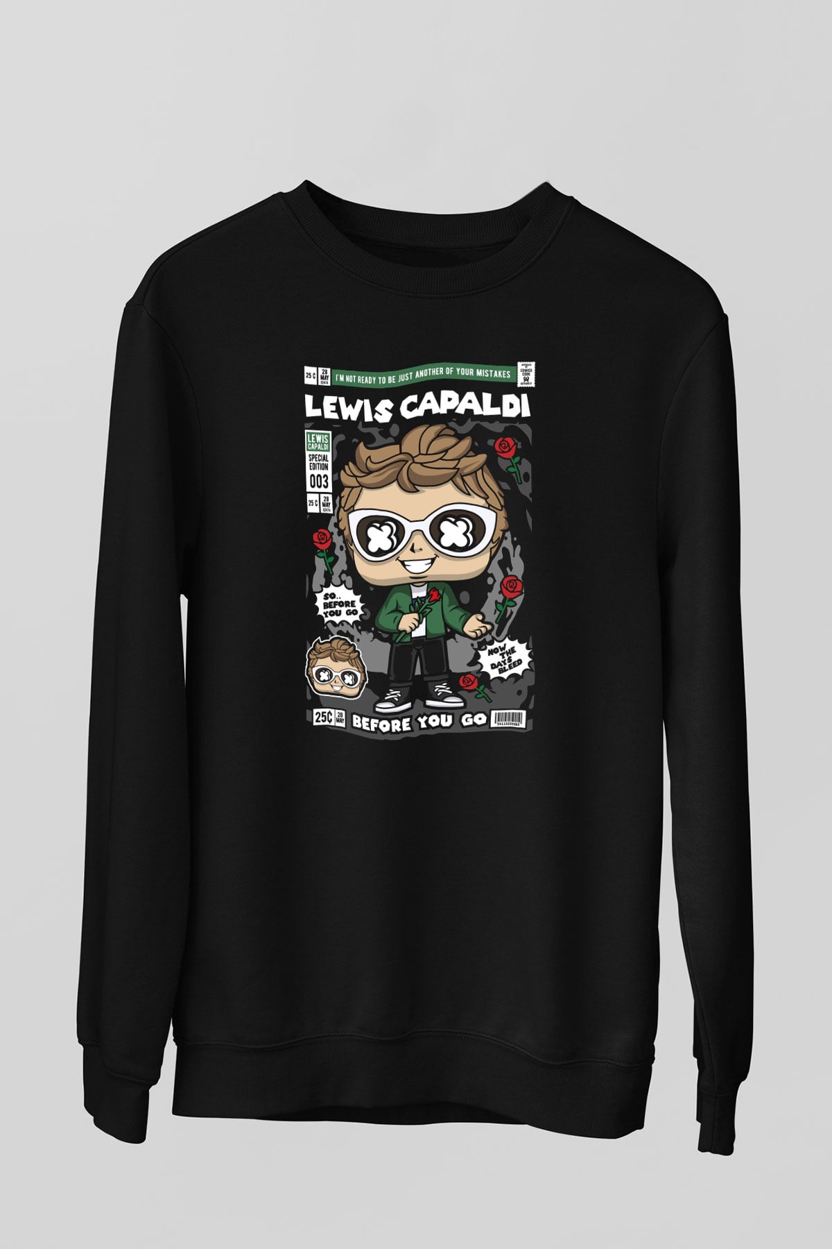 Lewis Capaldi Baskılı Unisex Siyah Sweatshirt