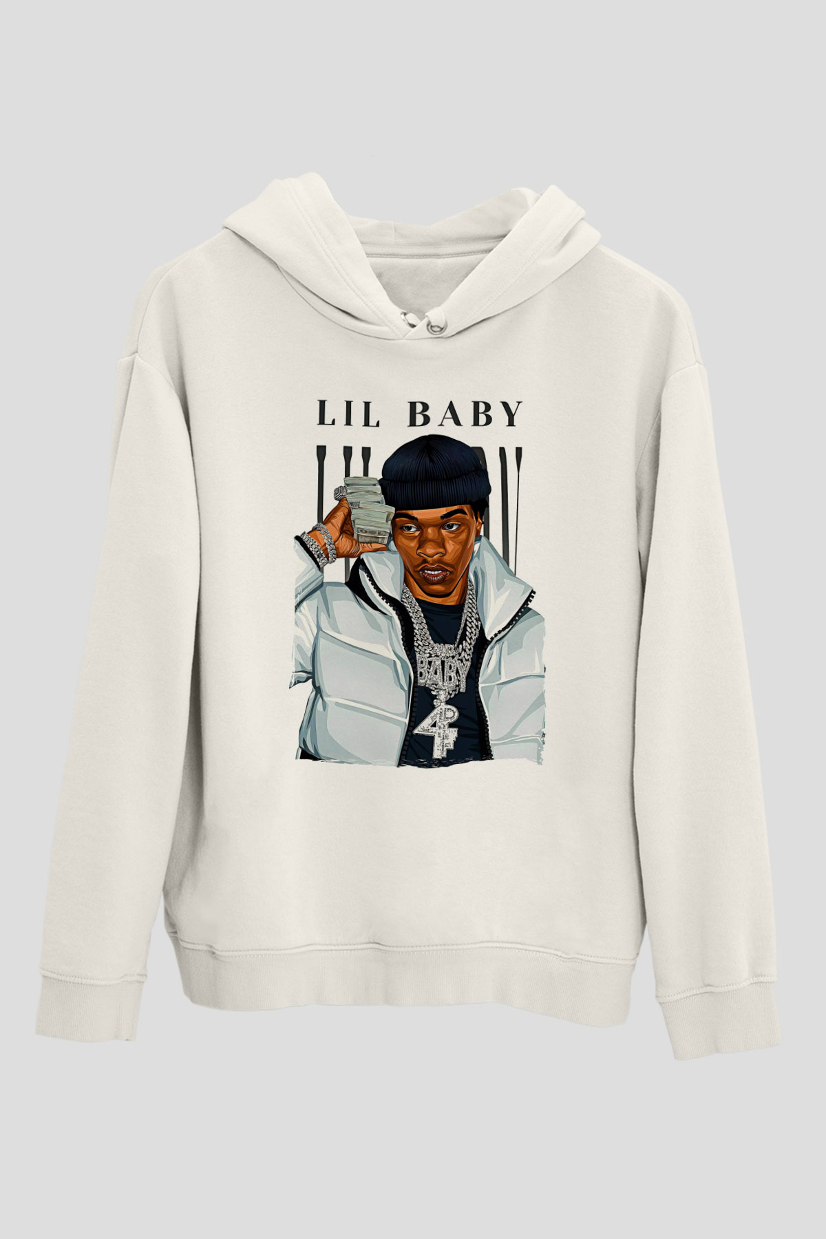 Lil Baby Baskılı Beyaz Unisex Kapüşonlu Sweatshirt