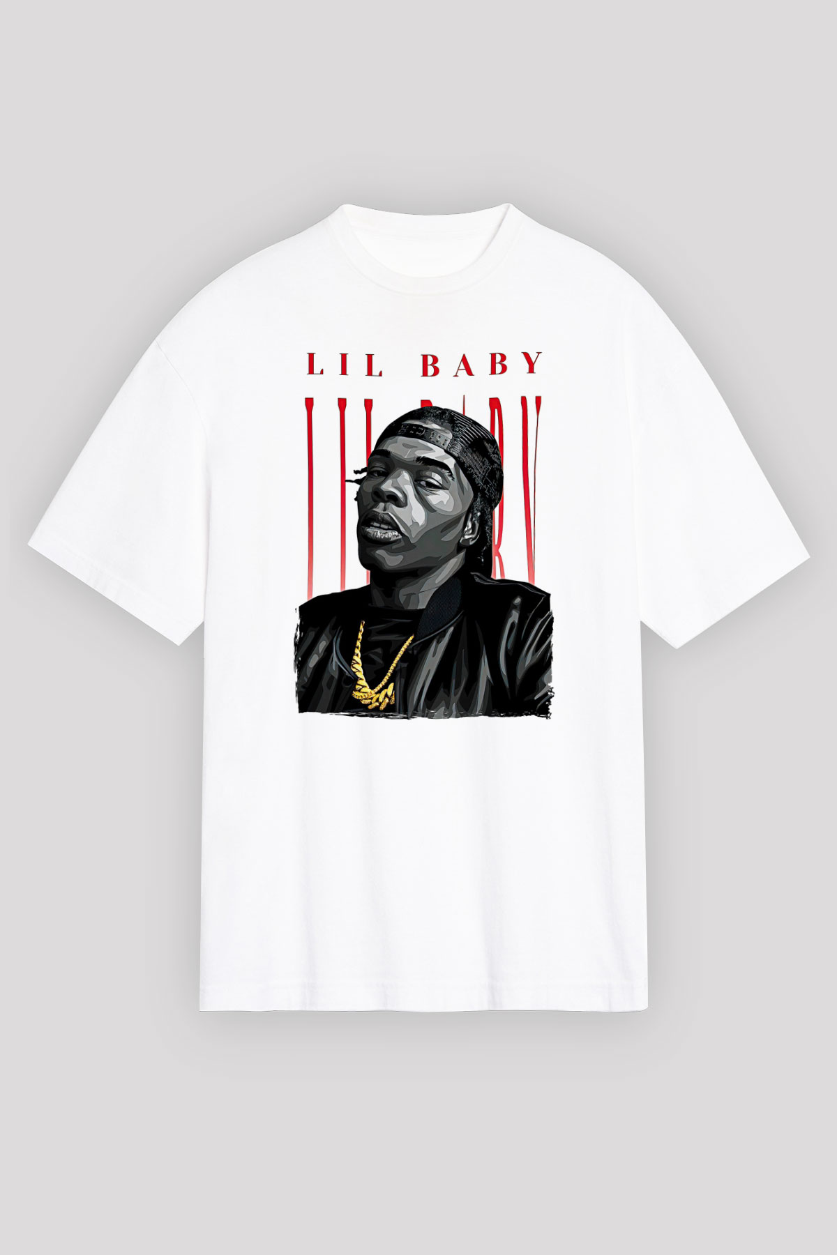 Lil Baby Baskılı Beyaz Unisex Oversize Tişört - Tshirt