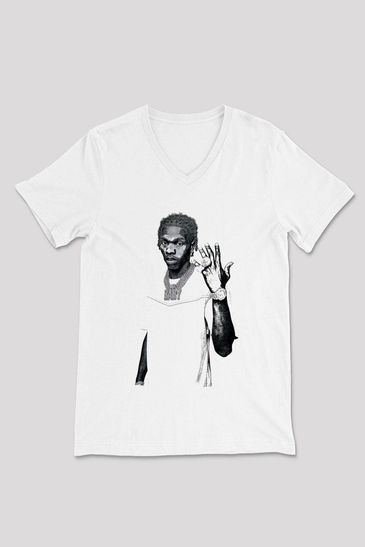 Lil Baby Baskılı Beyaz Unisex V Yaka Tişört - Tshirt