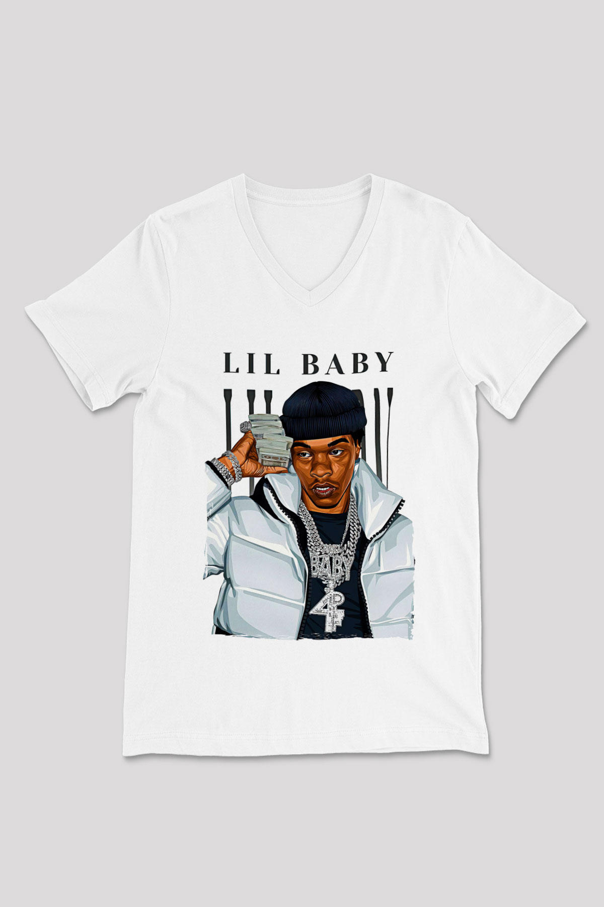 Lil Baby Baskılı Beyaz Unisex V Yaka Tişört - Tshirt