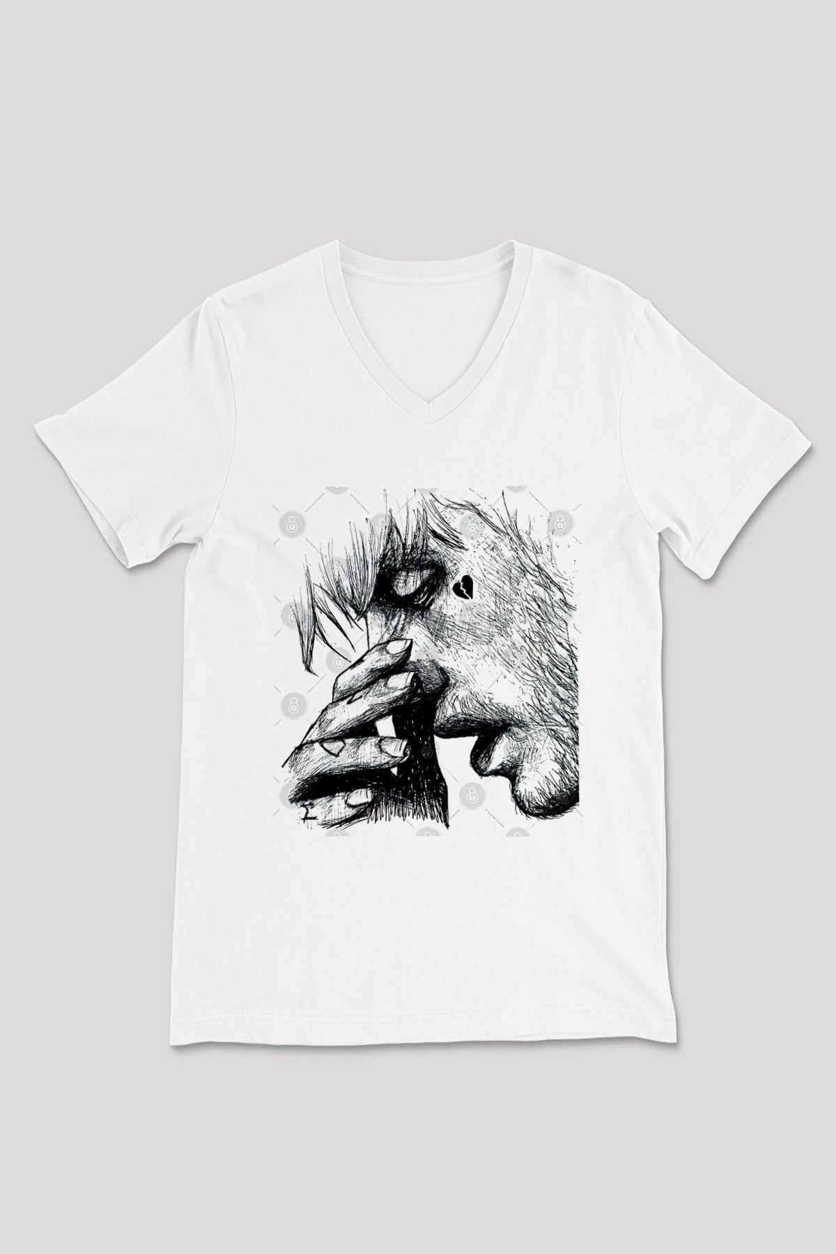 Lil Peep Baskılı Beyaz Unisex V Yaka Tişört - Tshirt