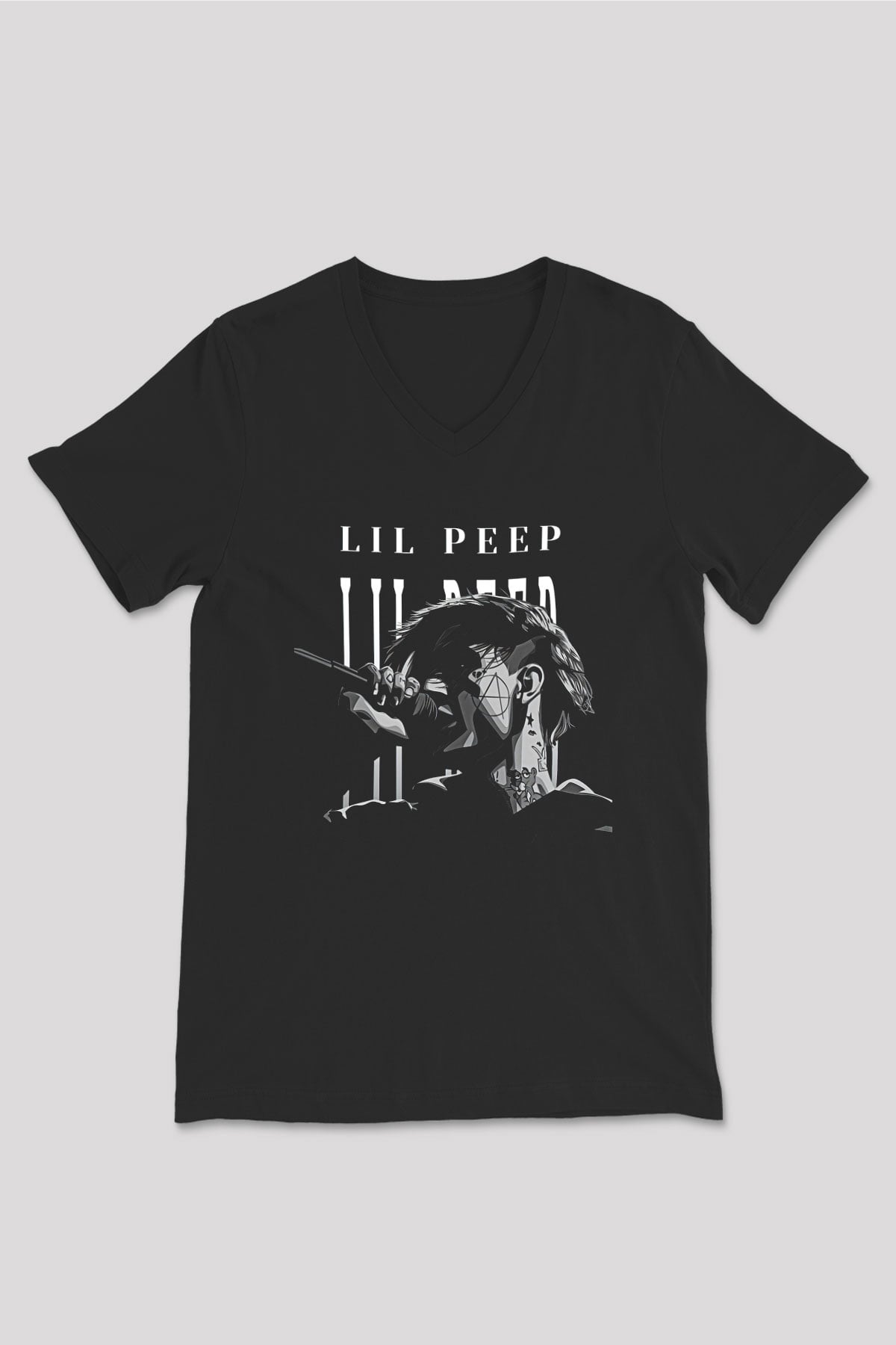 Lil Peep Baskılı Unisex Siyah V Yaka Tişört - Tshirt