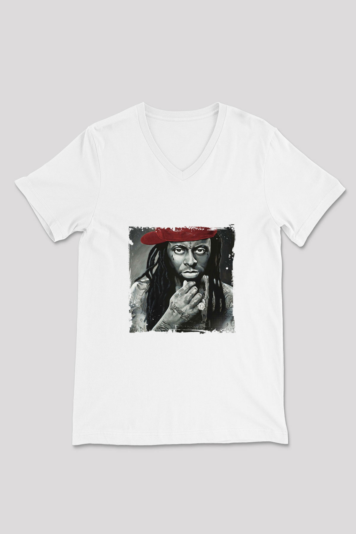 Lil Wayne Baskılı Beyaz V Yaka Unisex Tişört