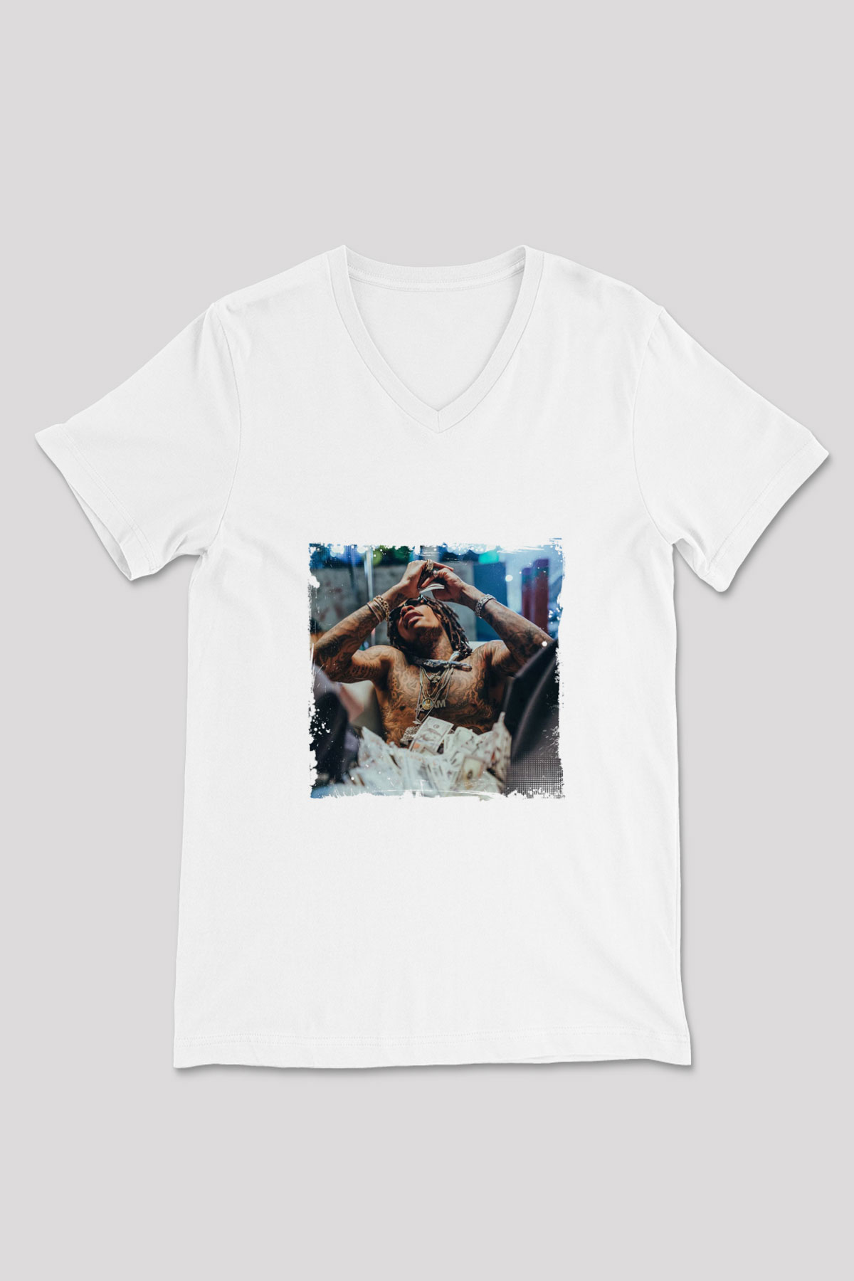 Lil Wayne Baskılı Beyaz V Yaka Unisex Tişört