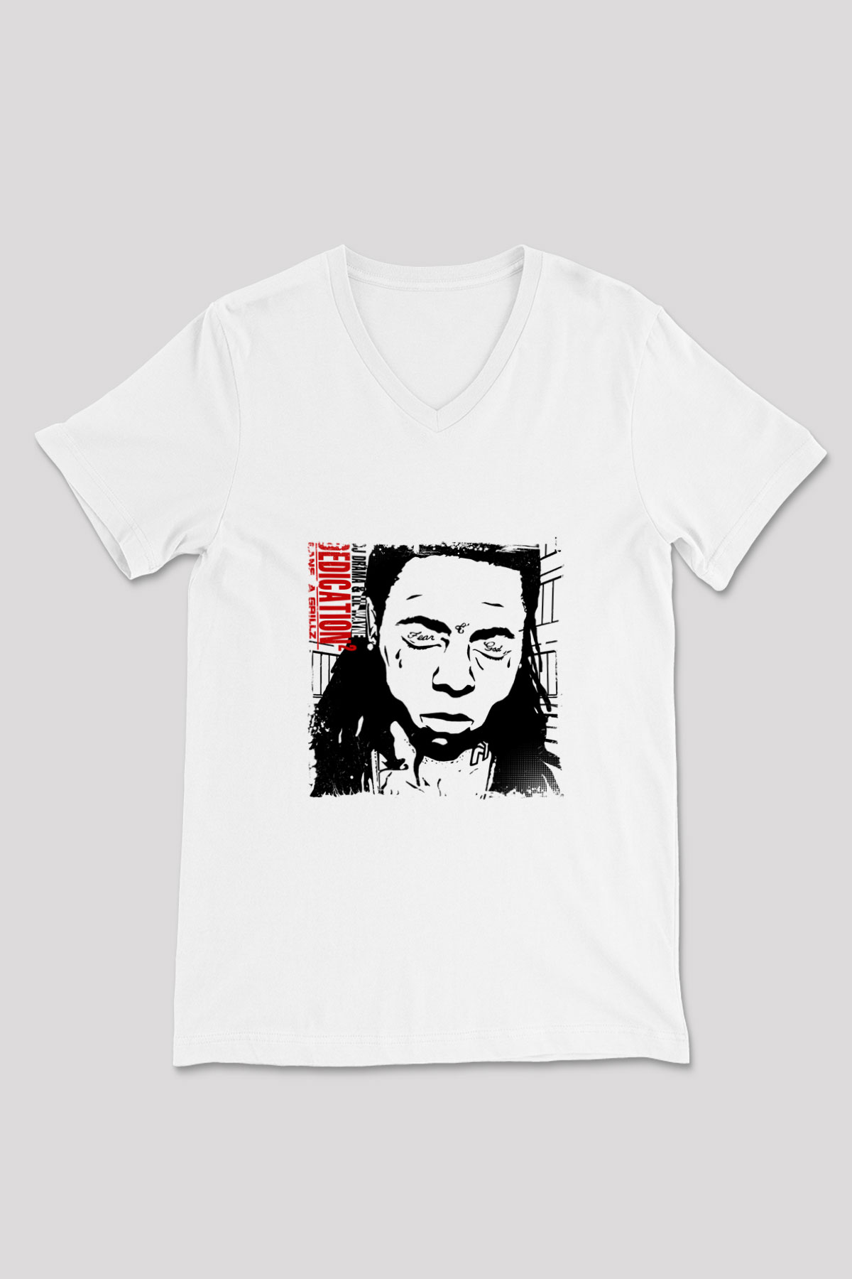 Lil Wayne Baskılı Beyaz V Yaka Unisex Tişört