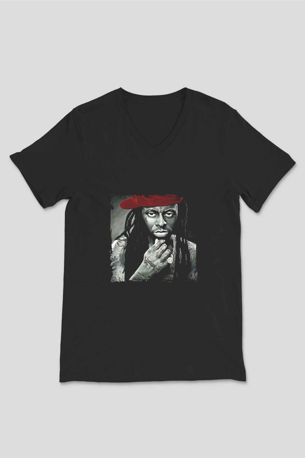 Lil Wayne Baskılı Unisex Siyah V Yaka Tişört