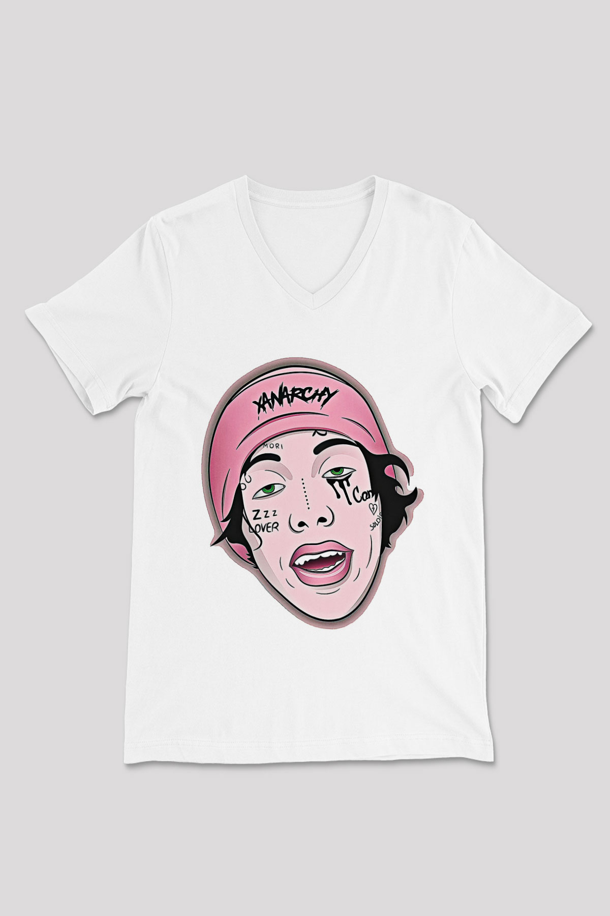 Lil Xan Baskılı Beyaz Unisex V Yaka Tişört - Tshirt
