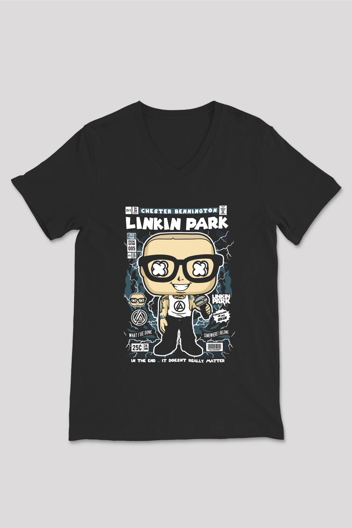 Linkin Park Baskılı Unisex Siyah V Yaka Tişört