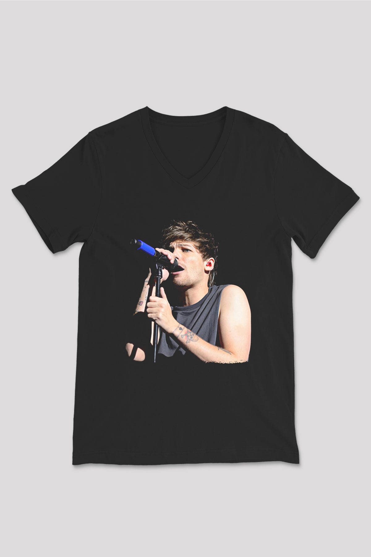 Louis Tomlinson Baskılı Unisex Siyah V Yaka Tişört - Tshirt