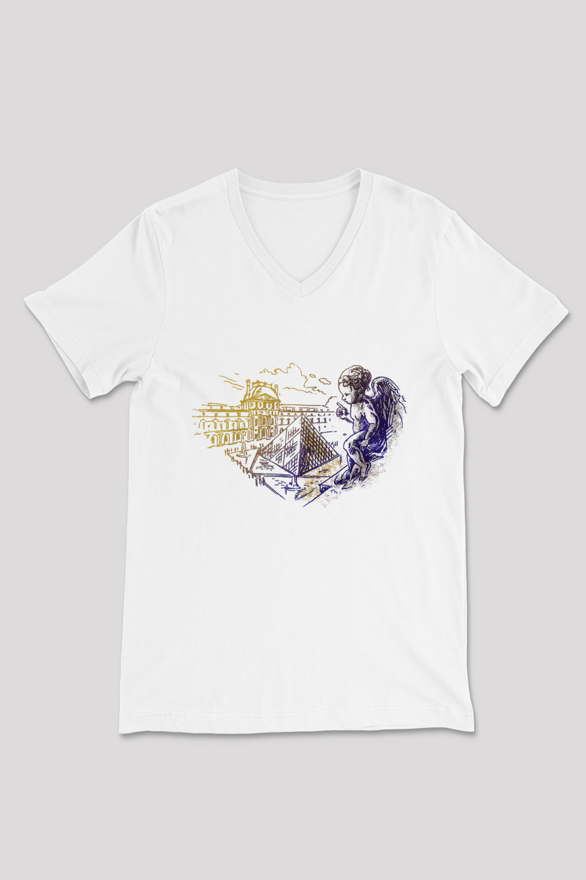 Louvre Müzesi Beyaz Unisex V Yaka Tişört T-Shirt