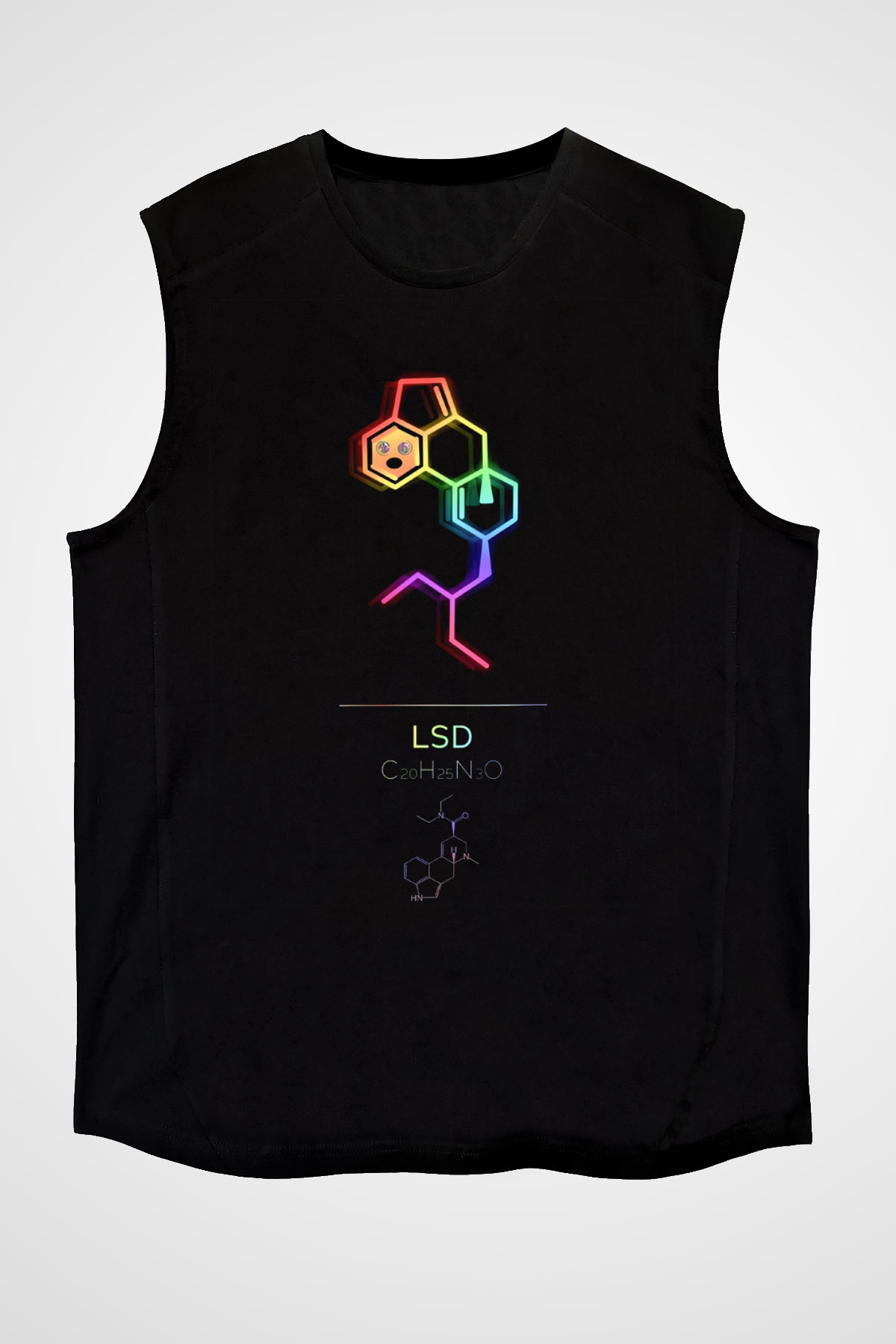 LSD Molekülü Baskılı Unisex Kolsuz Siyah Tişört - Tshirt