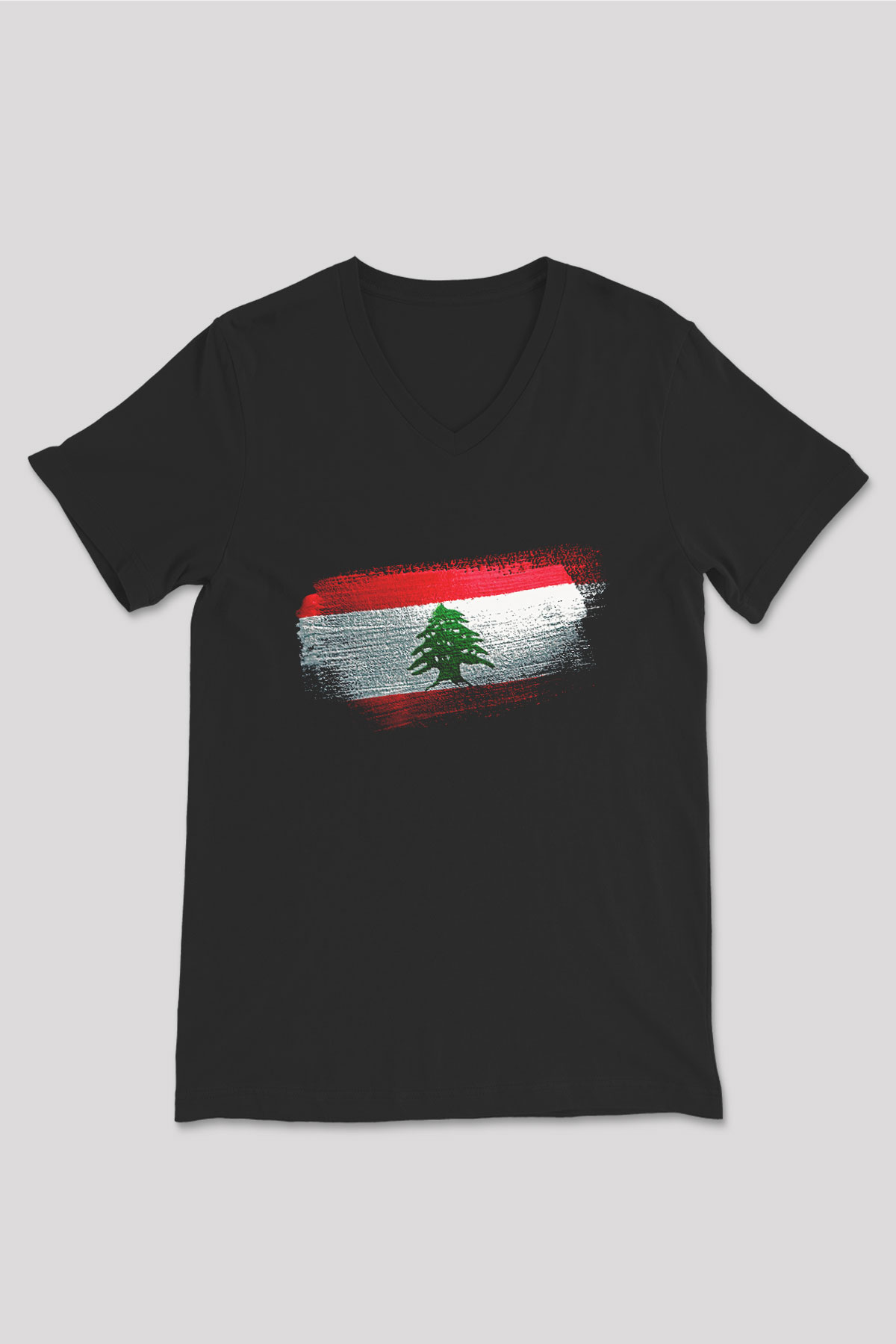 Lübnan - Lebanon Bayrağı Baskılı Unisex Siyah V Yaka Tişört
