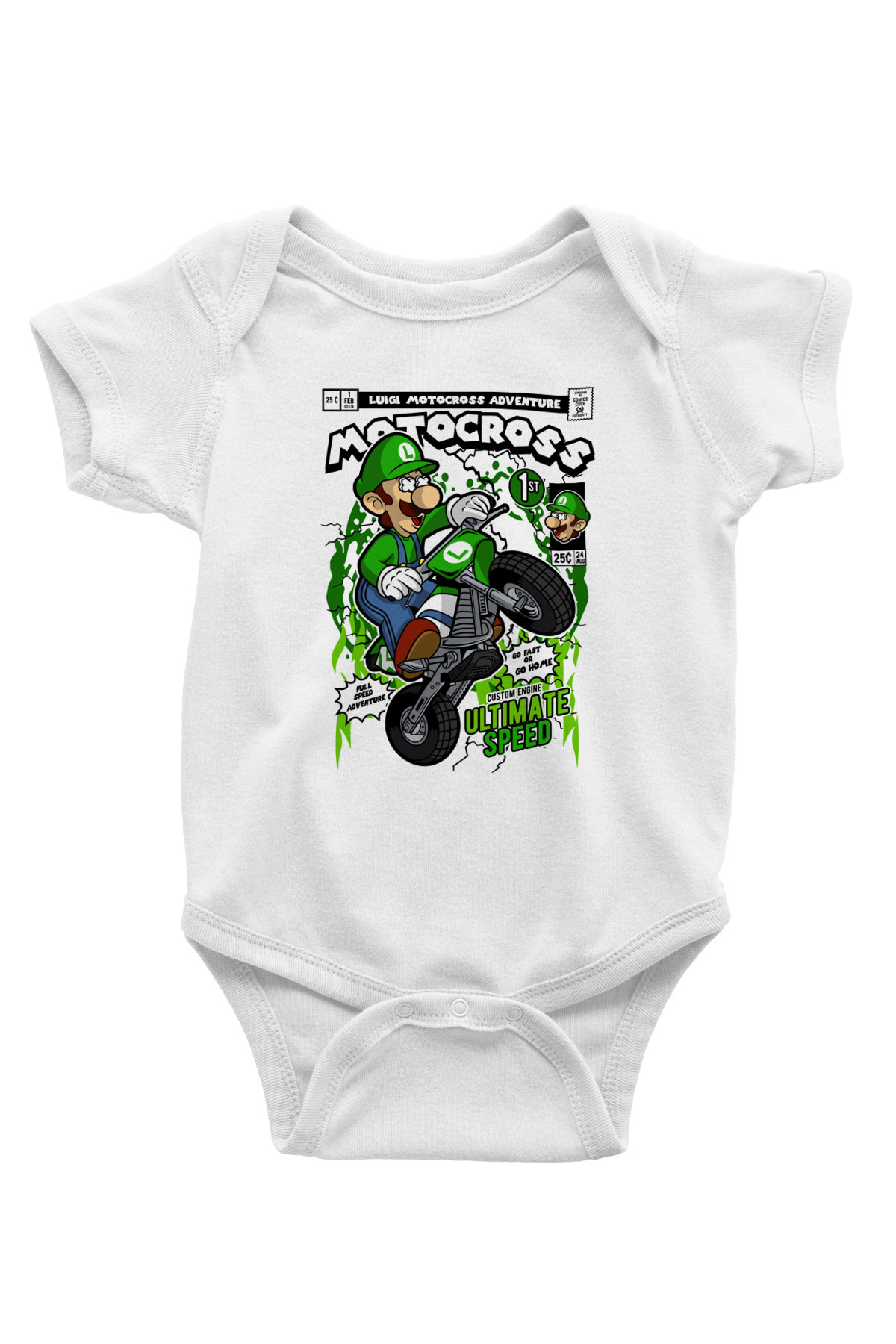 Luigi Motocross Baskılı Unisex Beyaz Bebek Body - Zıbın