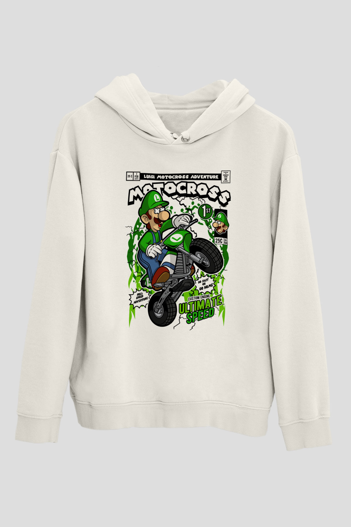 Luigi Motocross Baskılı Unisex Beyaz Hoodie
