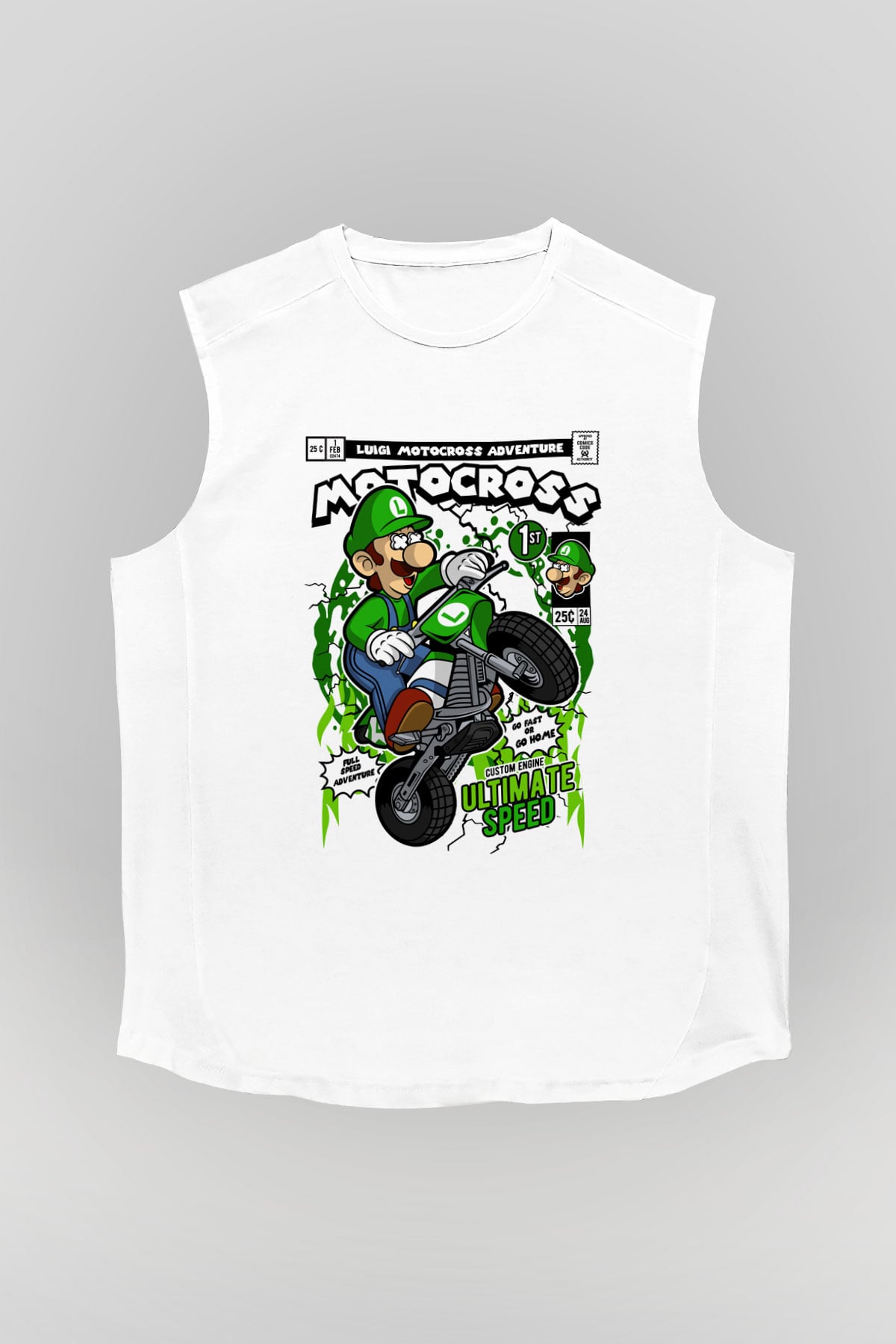 Luigi Motocross Baskılı Unisex Beyaz Kolsuz Tişört