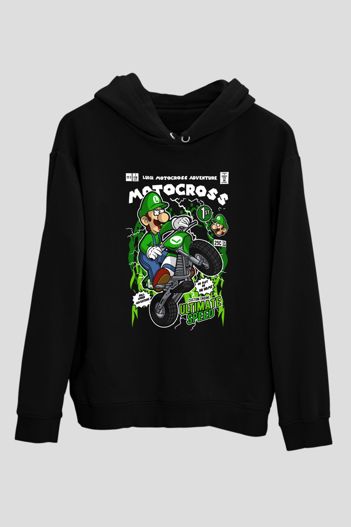 Luigi Motocross Baskılı Unisex Siyah Hoodie