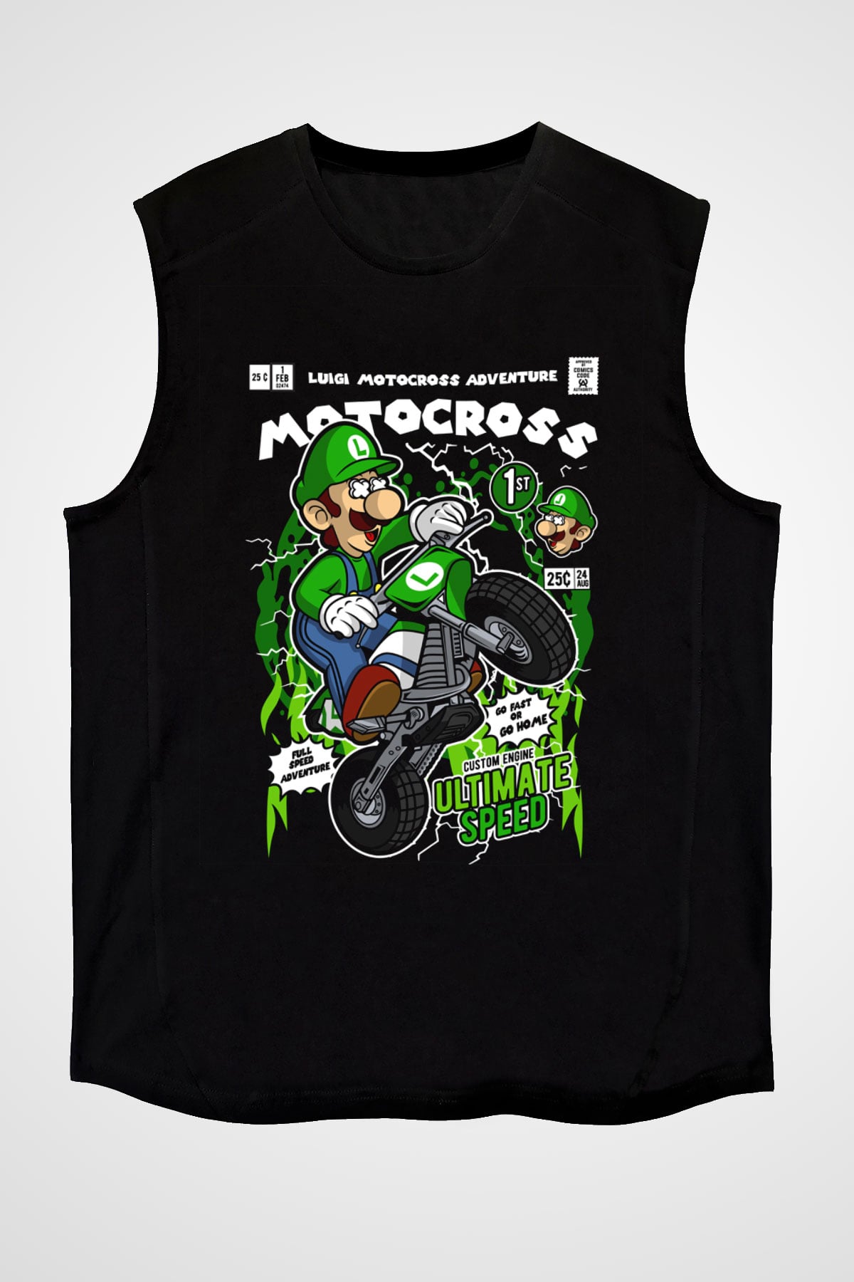 Luigi Motocross Baskılı Unisex Siyah Kolsuz Tişört