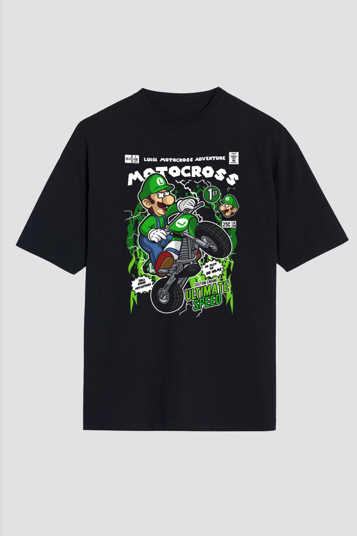 Luigi Motocross Baskılı Unisex Siyah Oversize Tişört