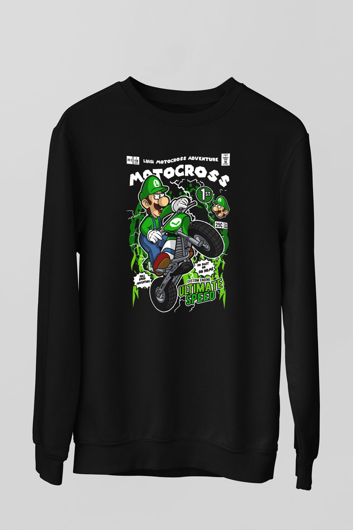 Luigi Motocross Baskılı Unisex Siyah Sweatshirt