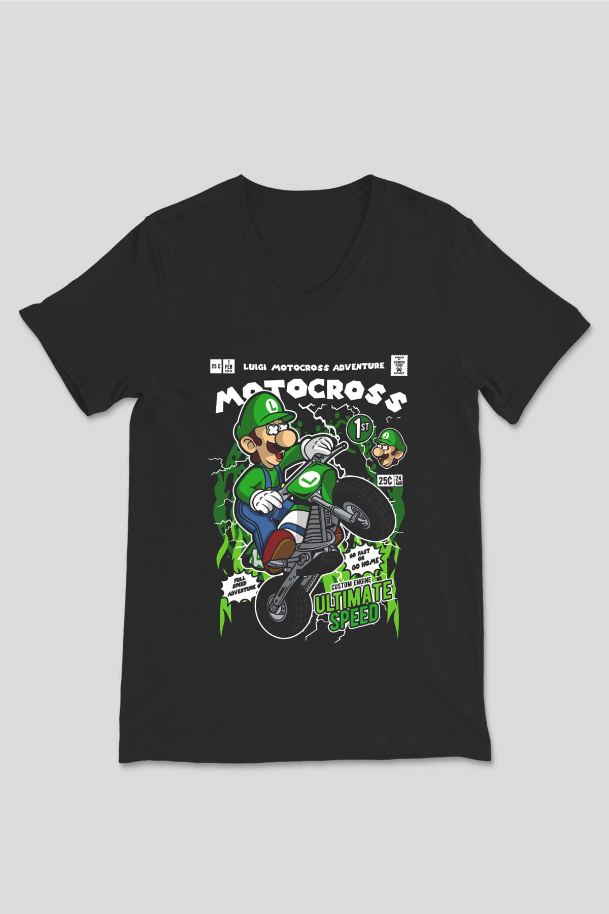 Luigi Motocross Baskılı Unisex Siyah V Yaka Tişört