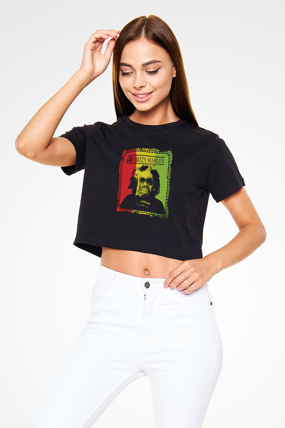 Mac Dre Baskılı Crop Top Siyah Kadın Tişört