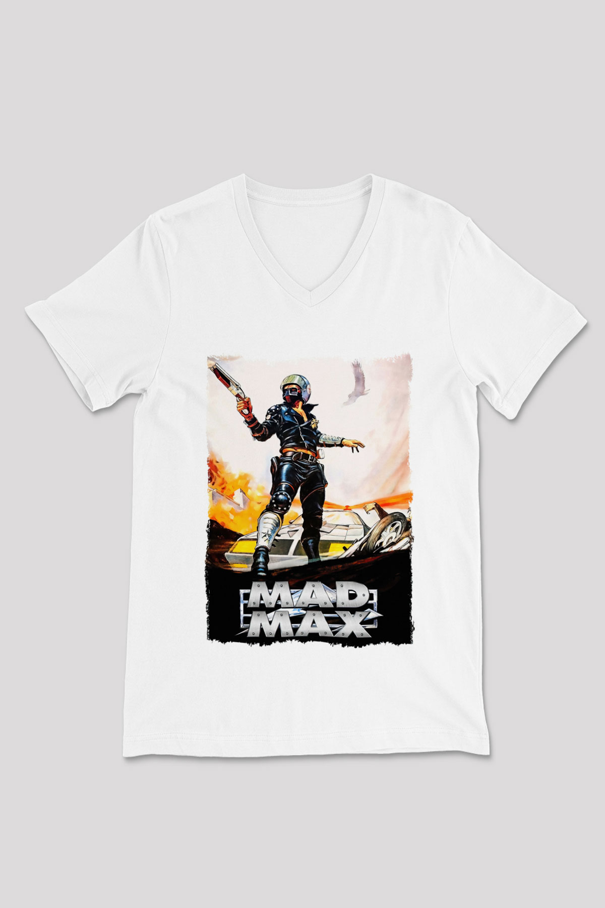 Mad Max Beyaz Unisex V Yaka Tişört