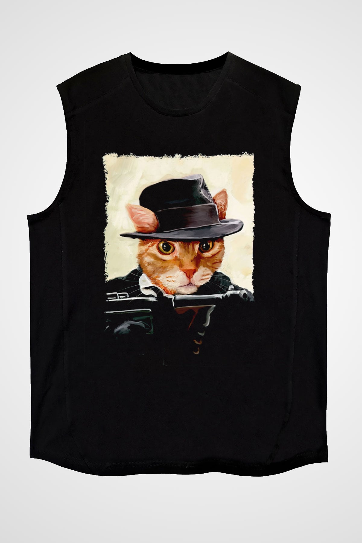 Mafya Kedi Baskılı Unisex Siyah  Kolsuz Tişört