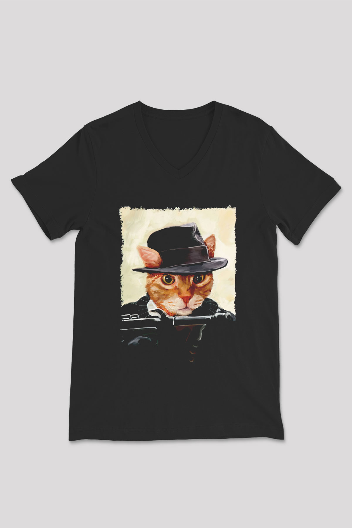 Mafya Kedi Baskılı Unisex Siyah  V Yaka Tişört