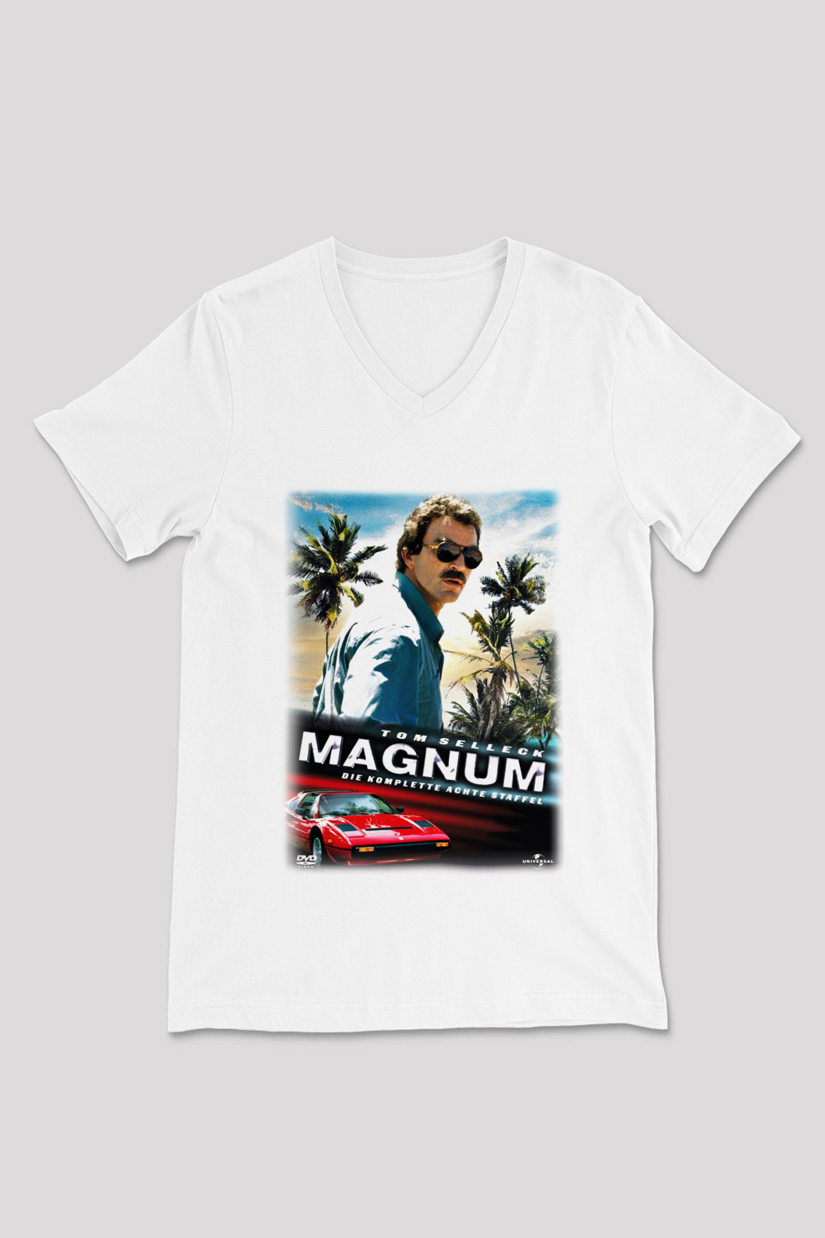 Magnum P.I. Beyaz Unisex V Yaka Tişört T-Shirt