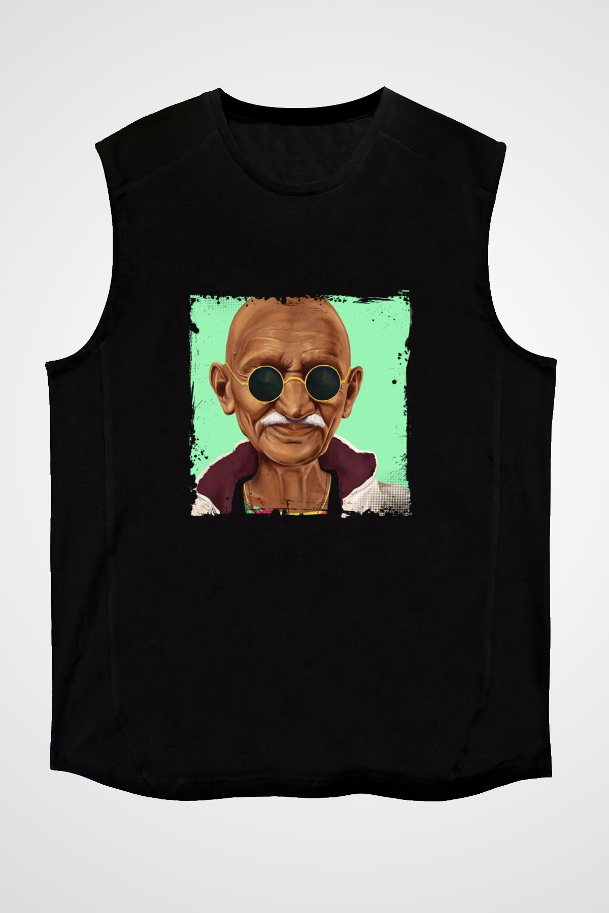 Mahatma Gandi Baskılı Unisex Siyah Kolsuz Tişört