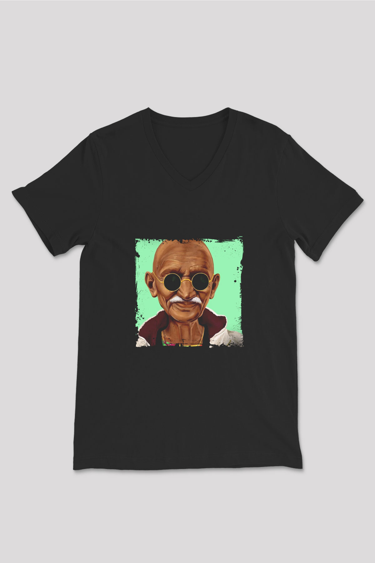 Mahatma Gandi Baskılı Unisex Siyah V Yaka Tişört