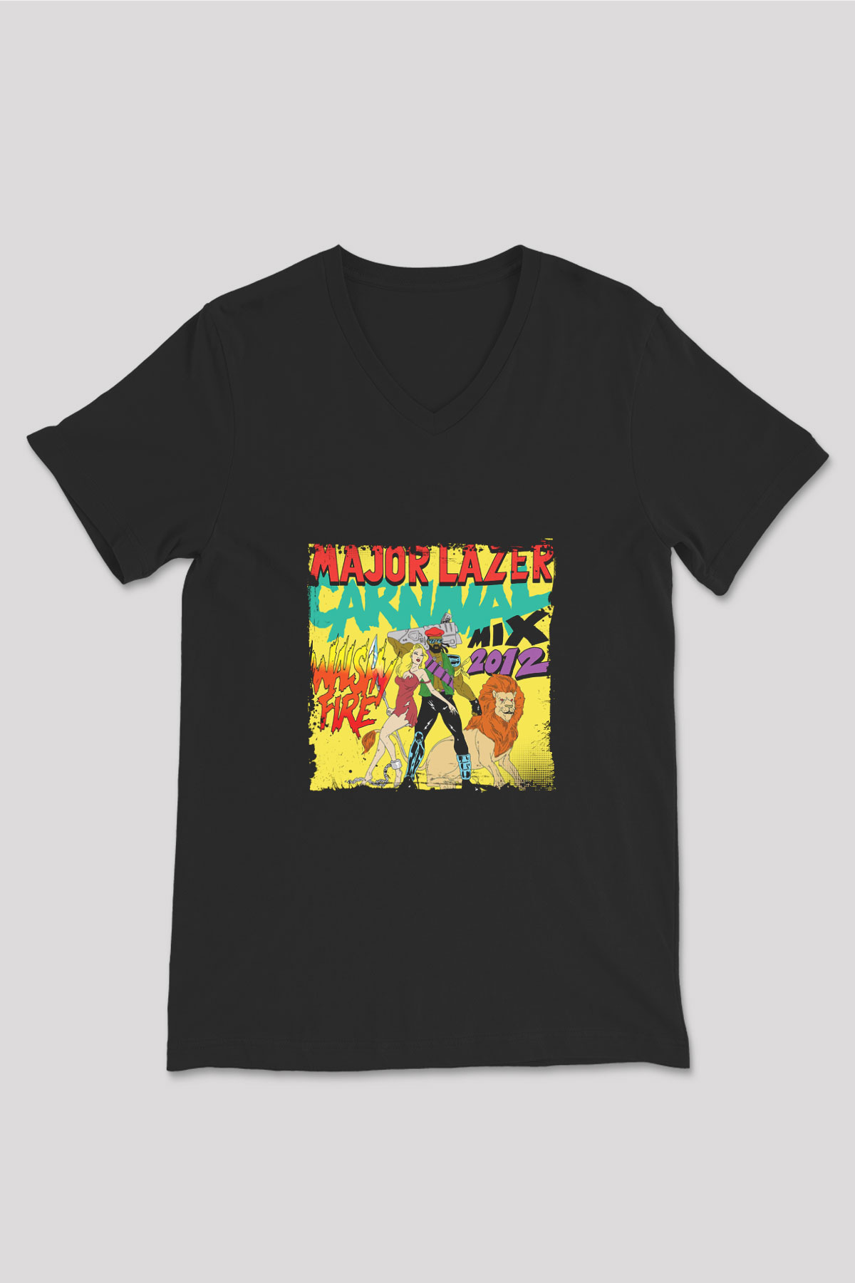 Major Lazer Baskılı Unisex Siyah V Yaka Tişört