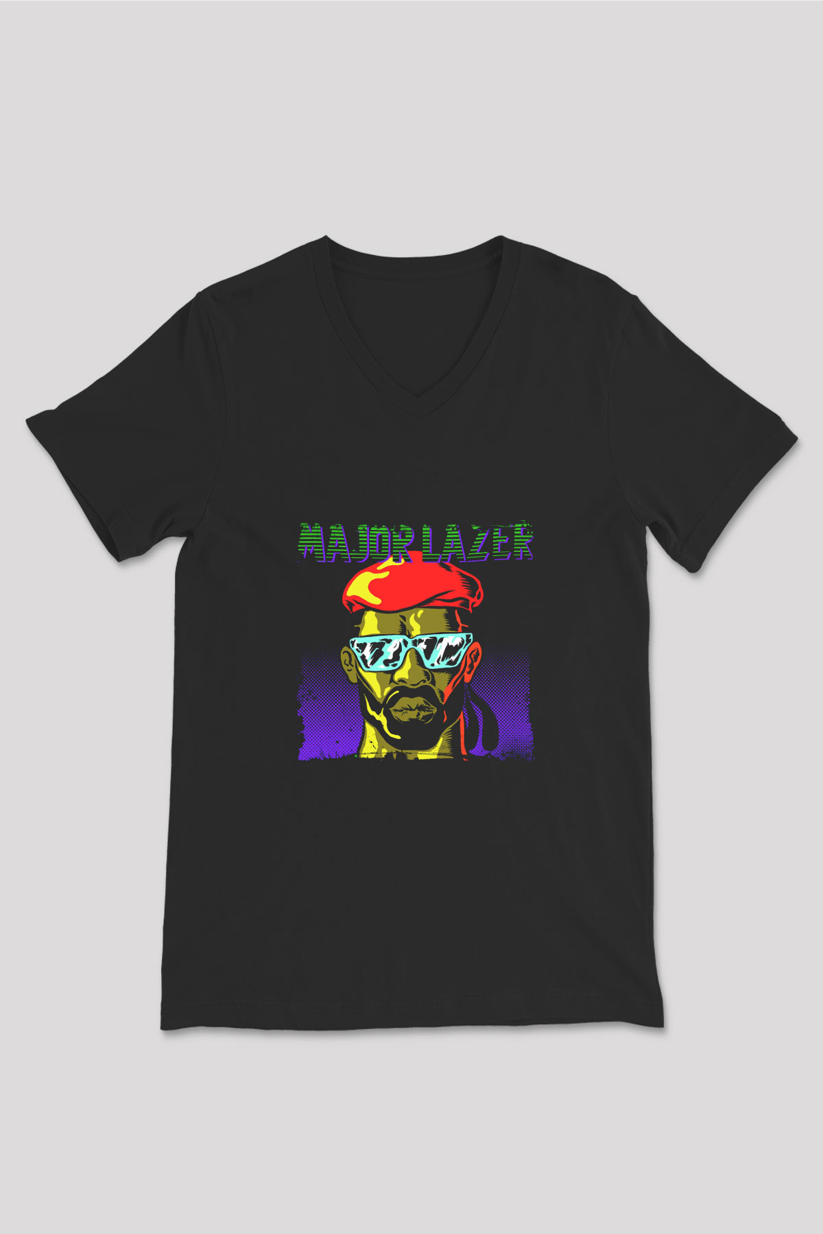 Major Lazer Baskılı Unisex Siyah V Yaka Tişört