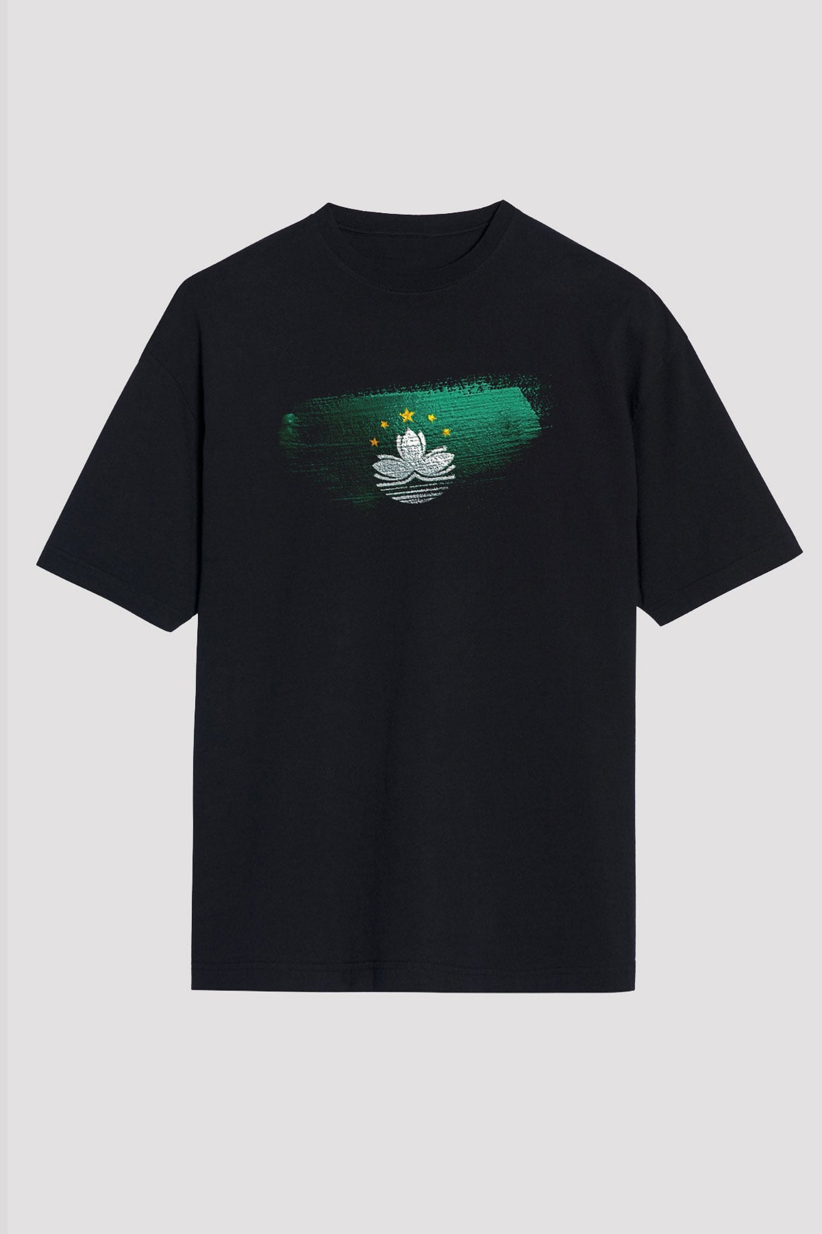 Makao - Macau Bayrağı Baskılı Unisex Siyah Oversize Tişört
