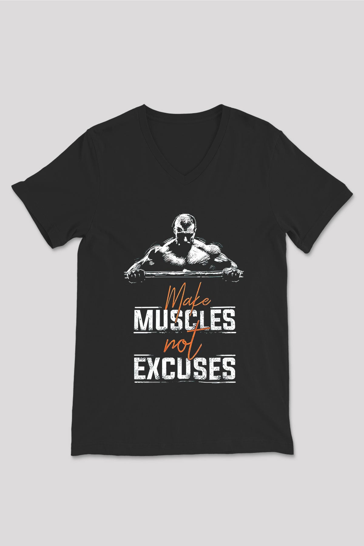 Make Muscles Not Excuses Baskılı Unisex Siyah  V Yaka Tişört