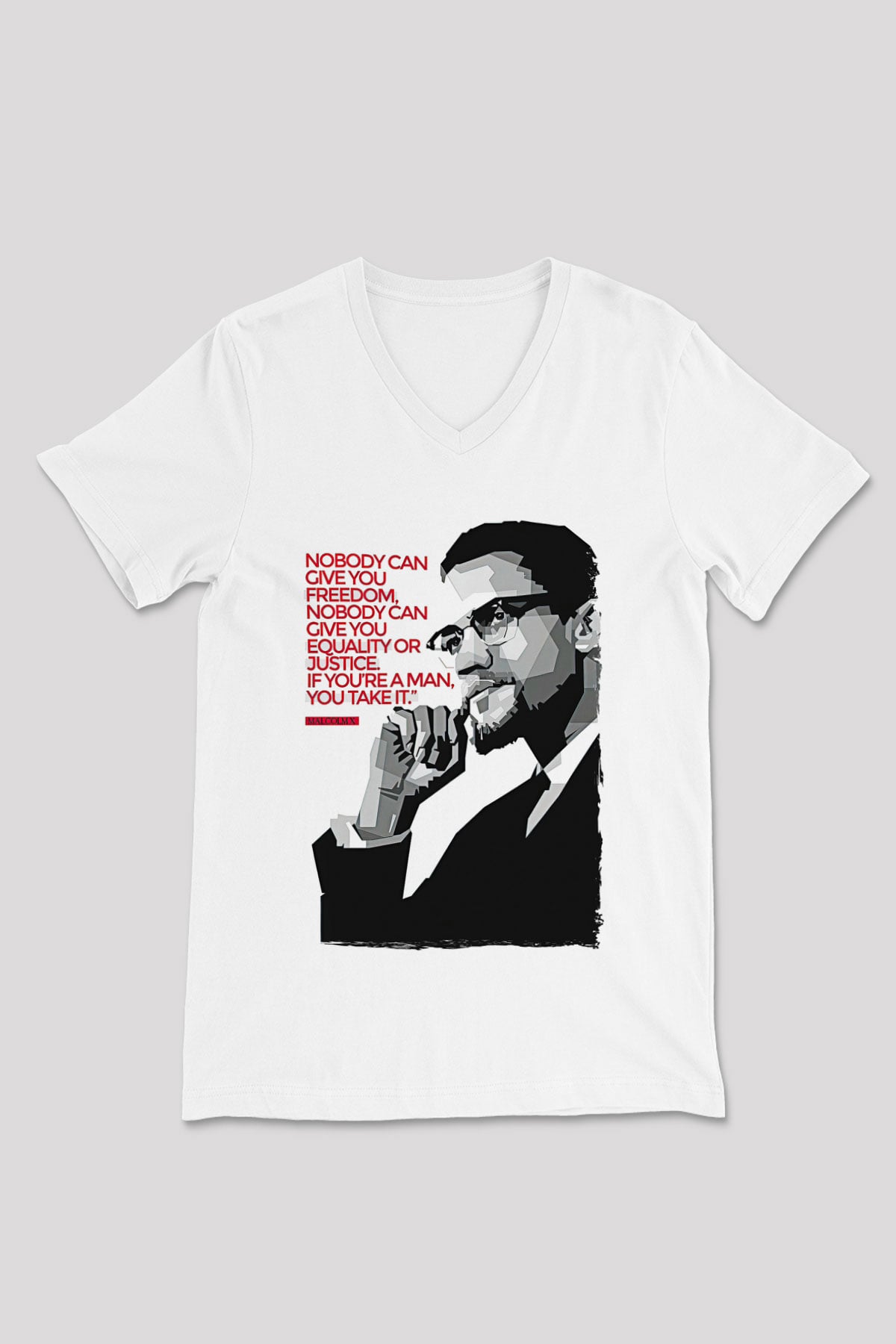 Malcolm X James Baskılı Beyaz Unisex V Yaka Tişört - Tshirt
