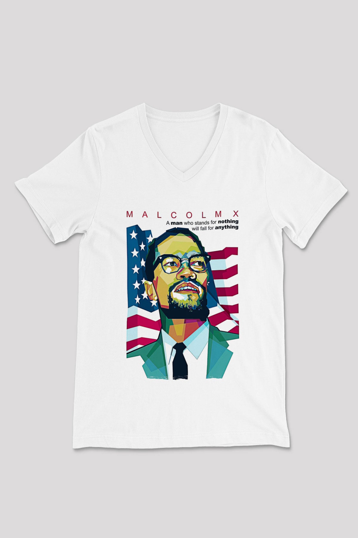 Malcolm X James Baskılı Beyaz Unisex V Yaka Tişört - Tshirt