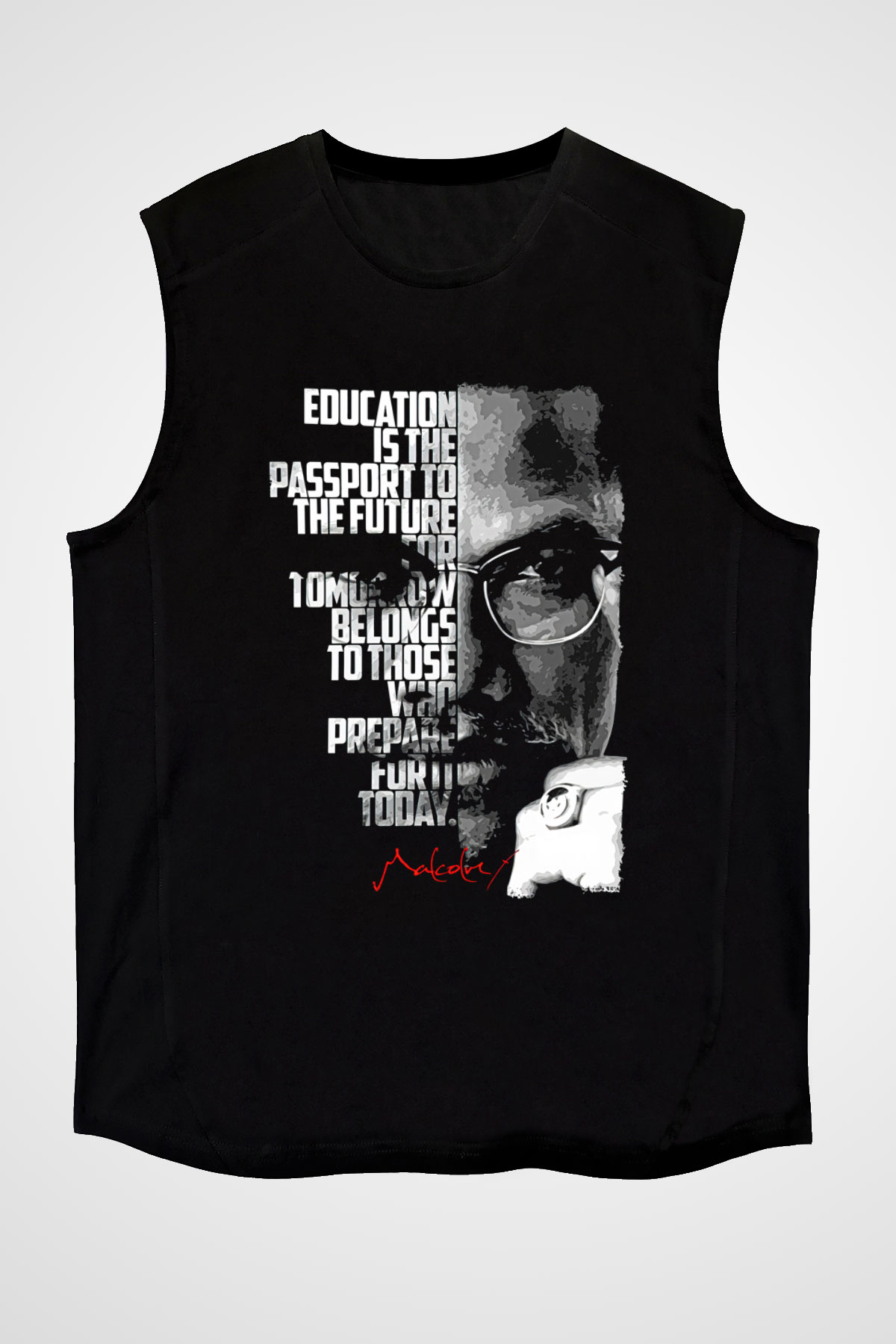 Malcolm X James Baskılı Unisex Siyah Kolsuz Tişört - Tshirt