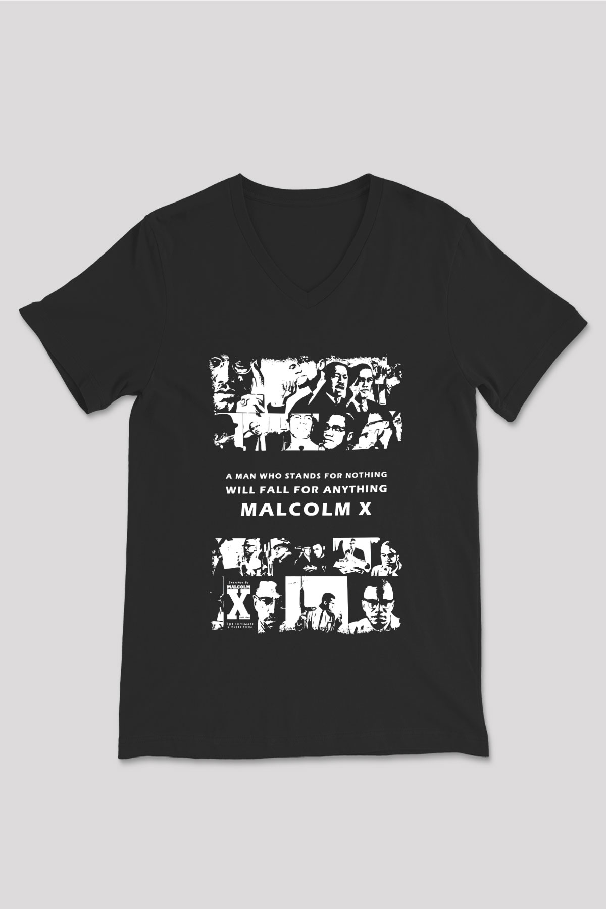 Malcolm X James Baskılı Unisex Siyah V Yaka Tişört - Tshirt