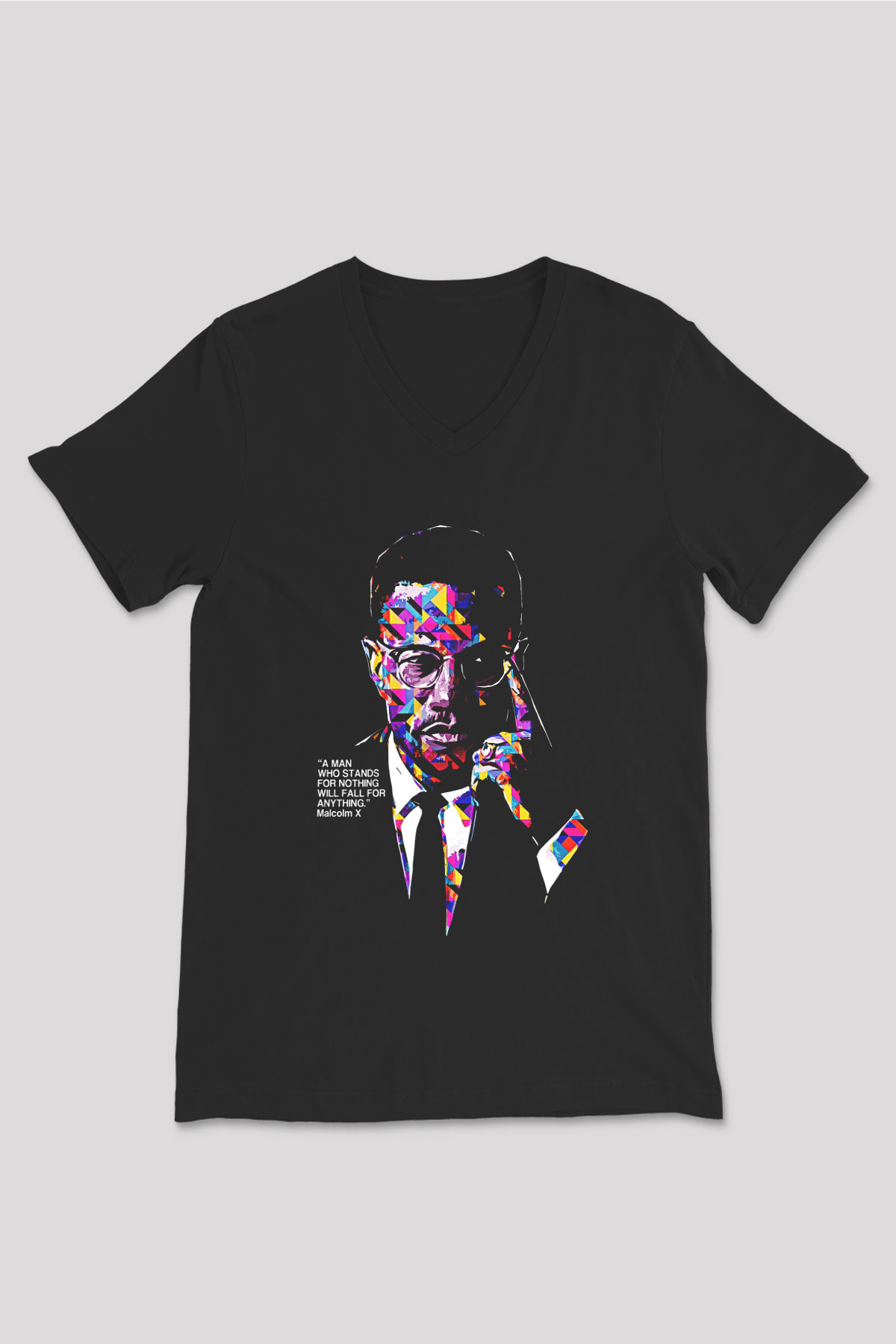 Malcolm X James Baskılı Unisex Siyah V Yaka Tişört - Tshirt