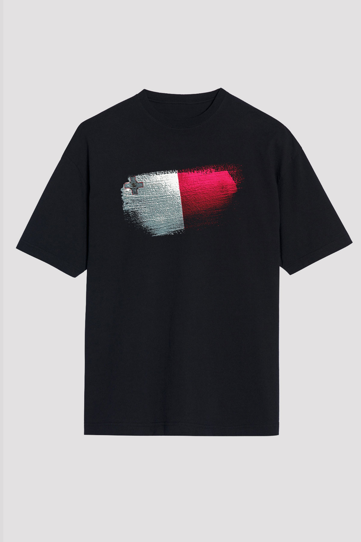 Malta Bayrağı Baskılı Unisex Siyah Oversize Tişört
