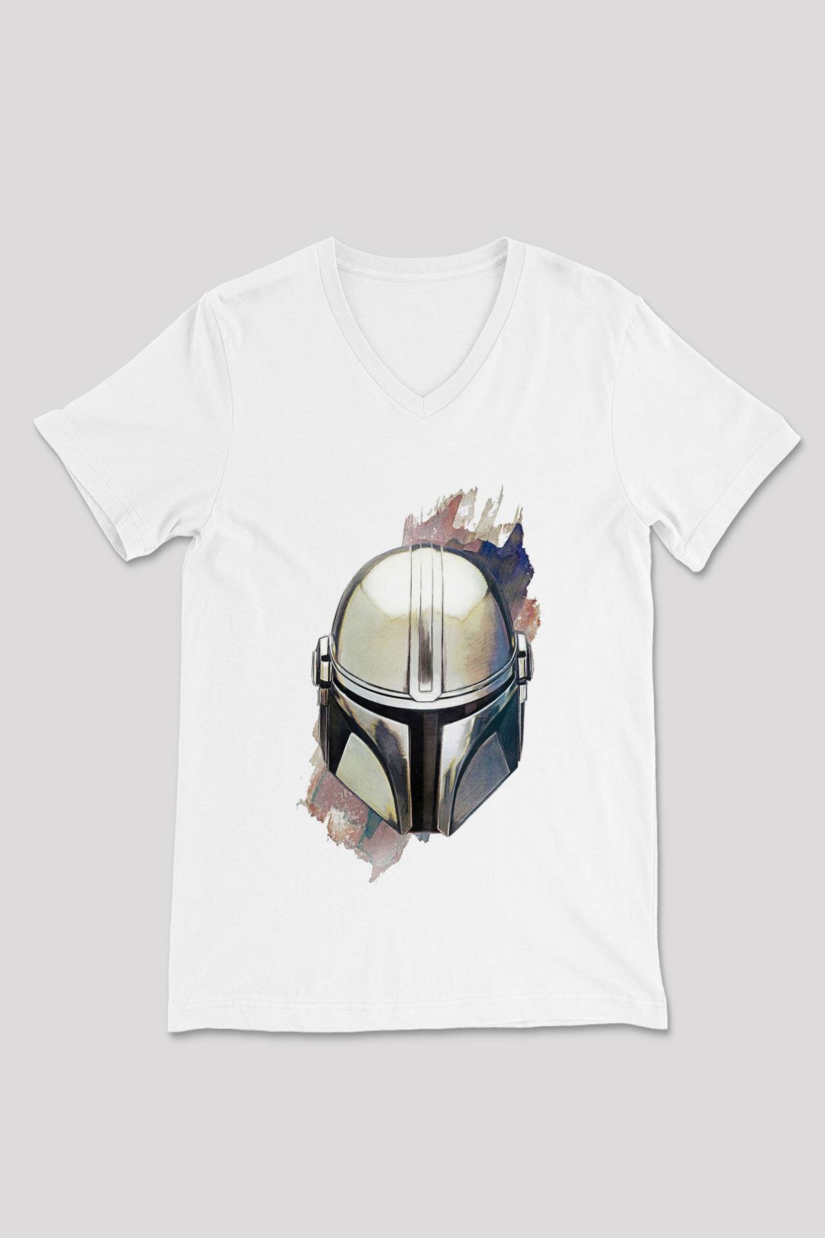 Mandalorian Baskılı Beyaz Unisex V Yaka Tişört - Tshirt